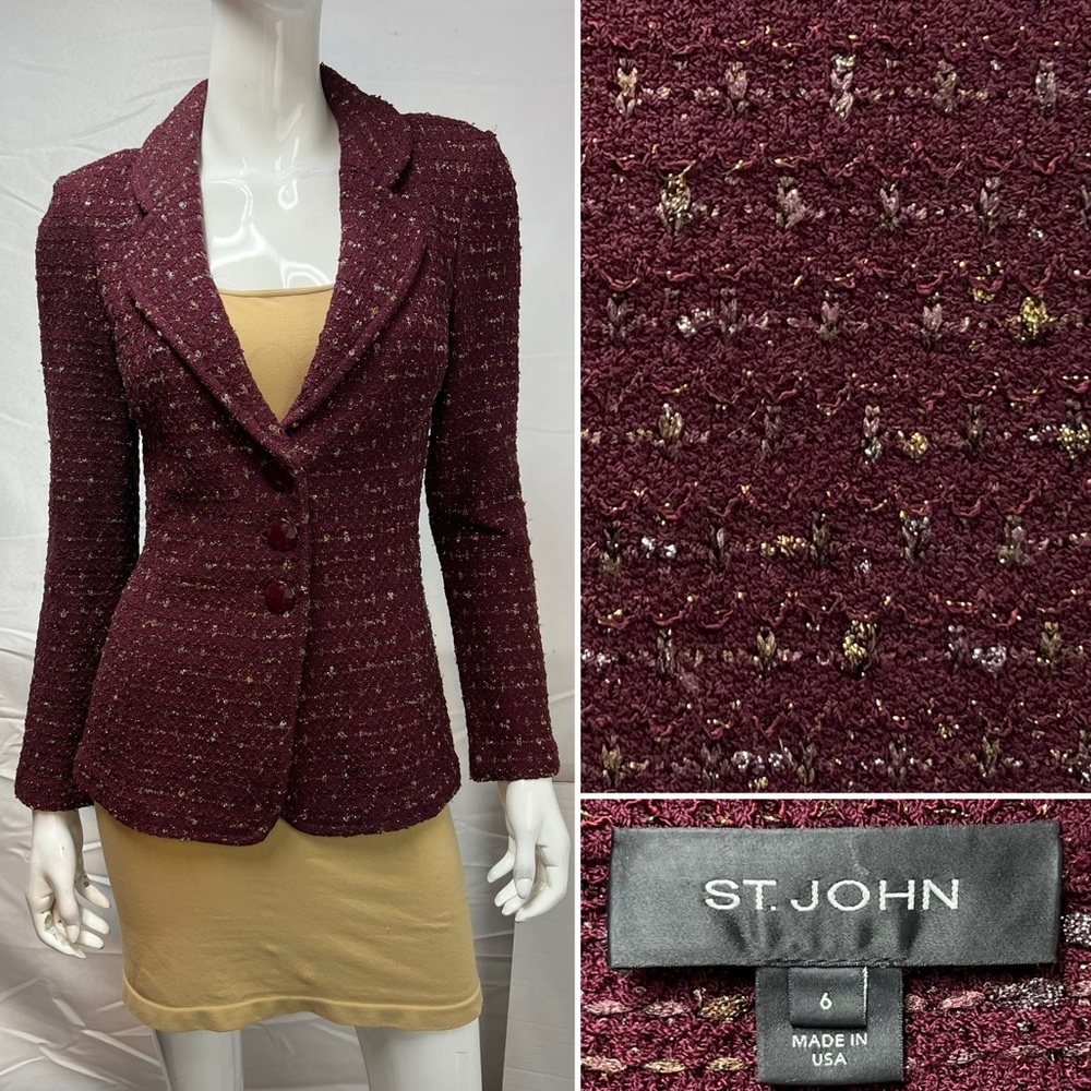 ST. JOHN Women's 6 Knit Burgundy Gold Metallic Shimmer Blazer Jacket